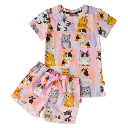 Kip&Co Kitty Cat Organic Cotton Short Sleeve Tee & Frill Short PJ Set